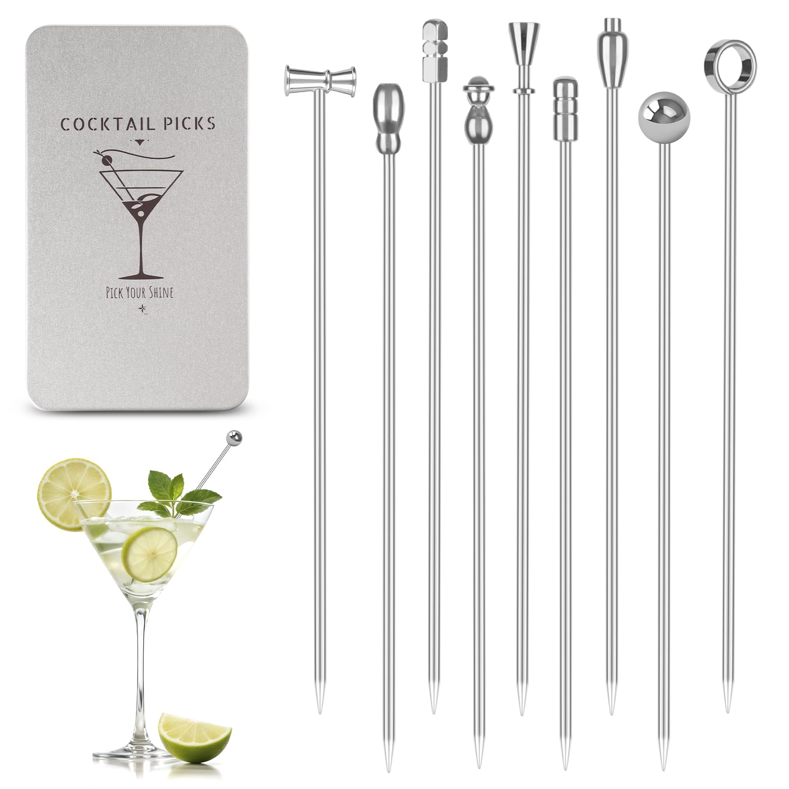 Losneg metal cocktail picks with olive focus for precise garnishes and drink identification