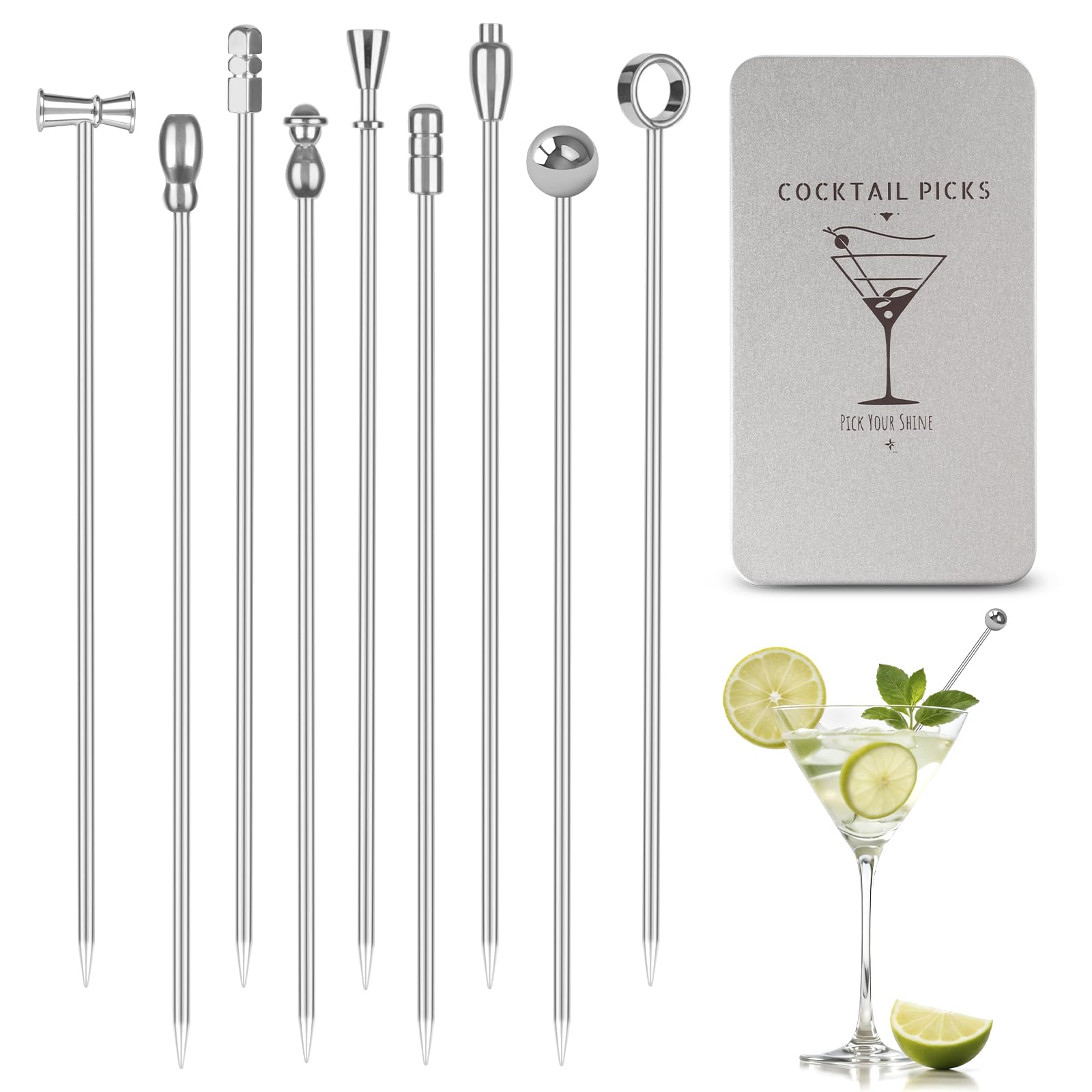 Losneg metal martini picks with olive skewers for elegant, reusable drinks garnishes