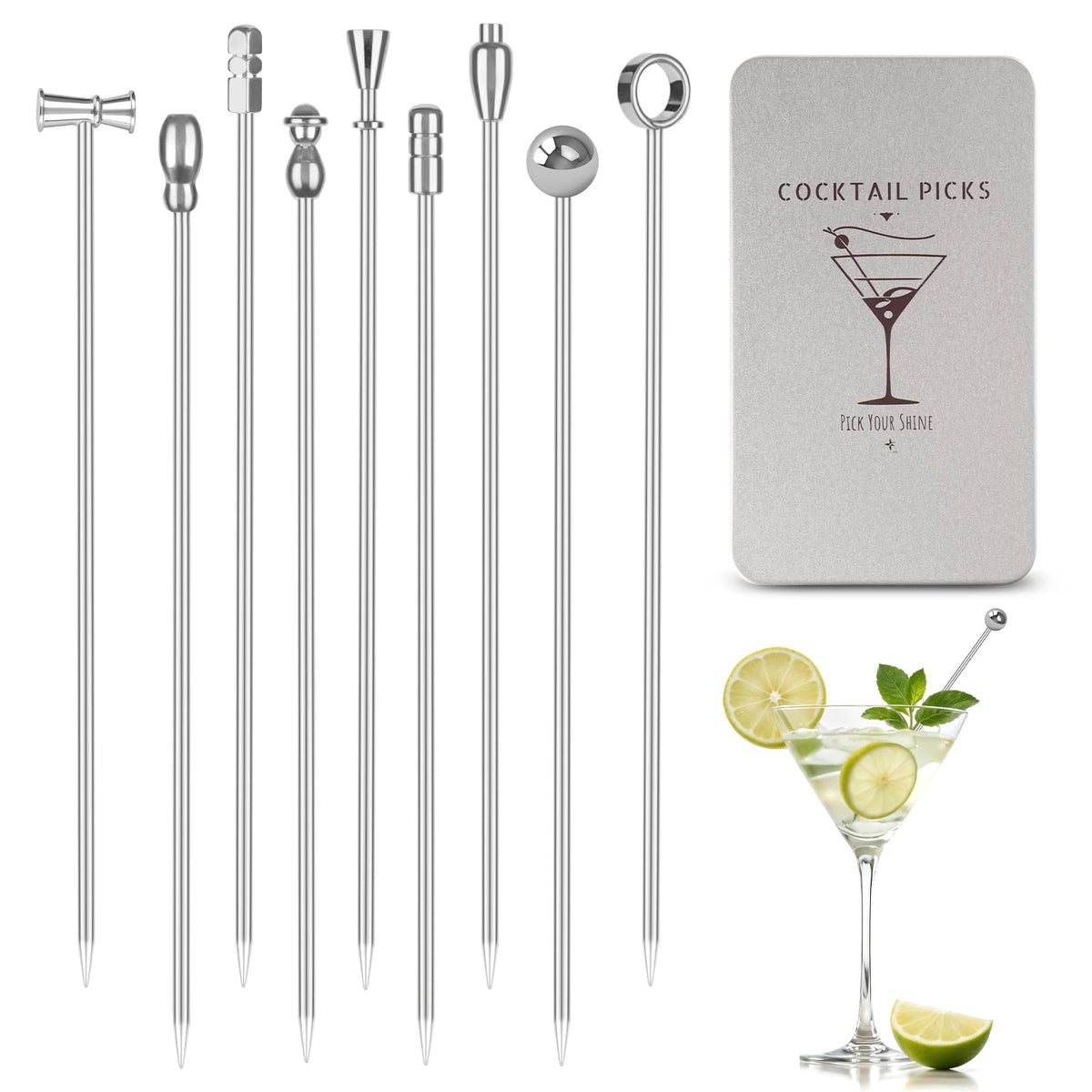 Losneg metal martini picks with olive skewers for elegant, reusable drinks garnishes
