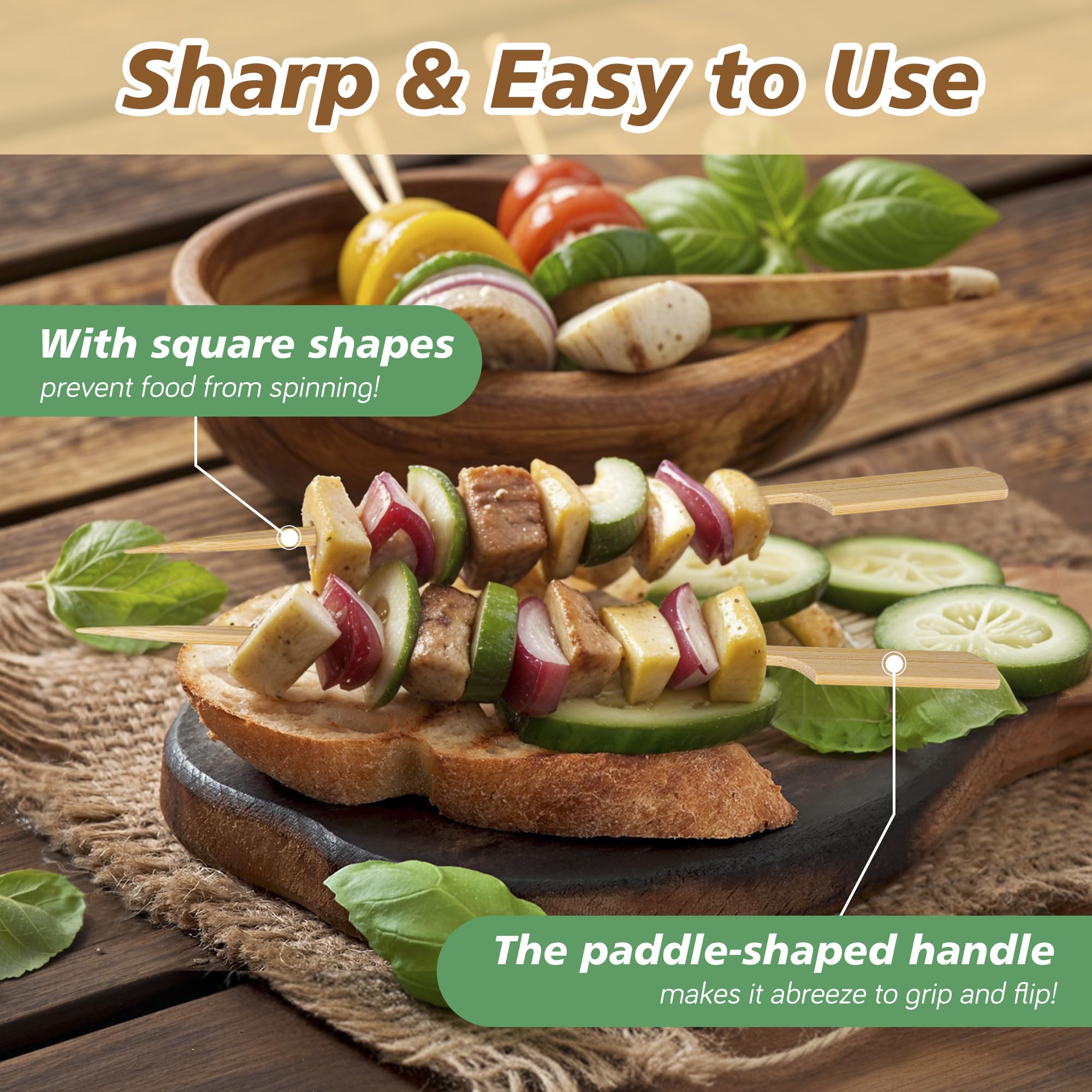 Losneg skewers with sharpened tips for clean piercing of foods.