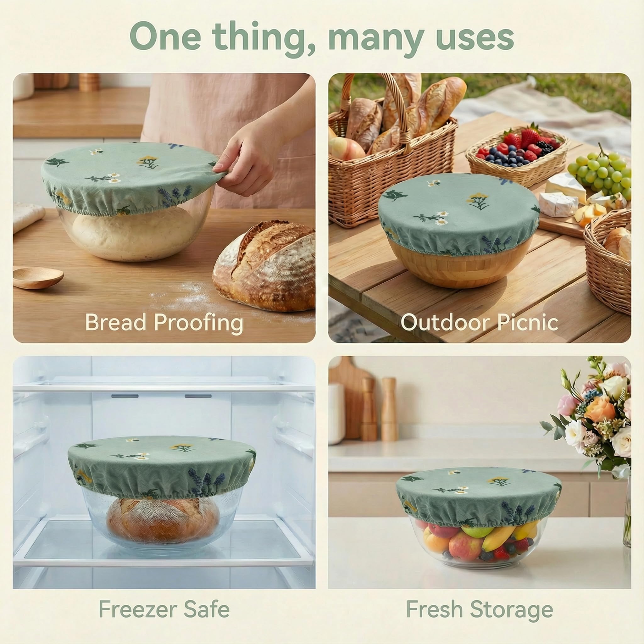 Lospara reusable covers provide a decorative touch while protecting food during storage.