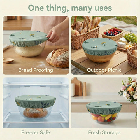 Lospara reusable covers provide a decorative touch while protecting food during storage.