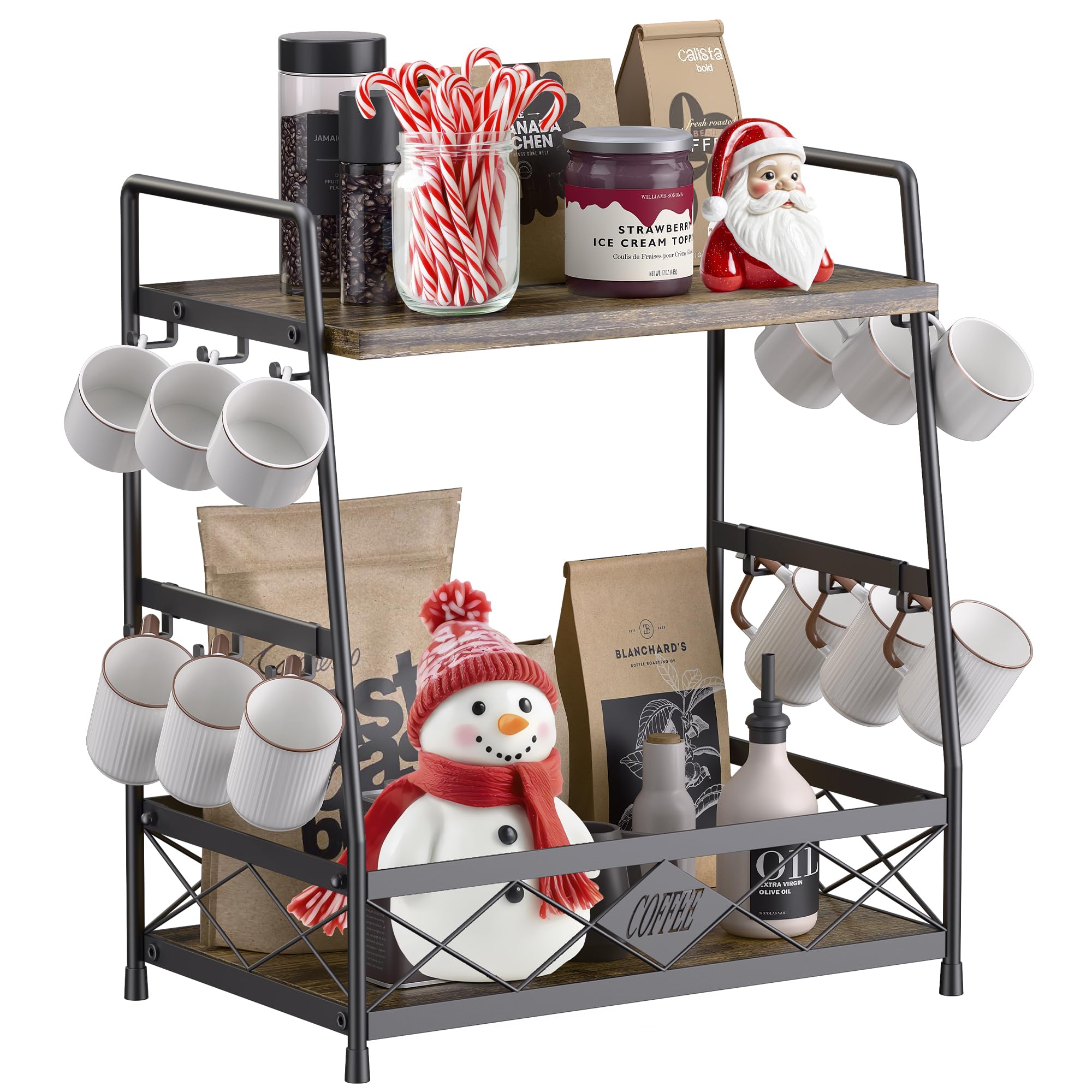 LOTEYIKE 2-tier coffee cup holder on countertop keeps mugs organized and accessible.