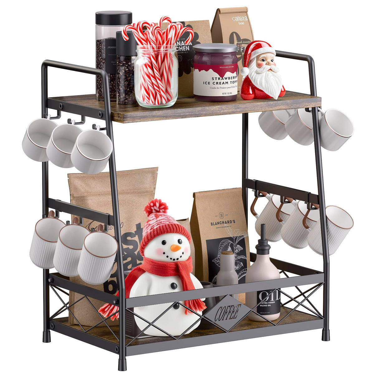 LOTEYIKE 2-tier coffee cup holder on countertop keeps mugs organized and accessible.