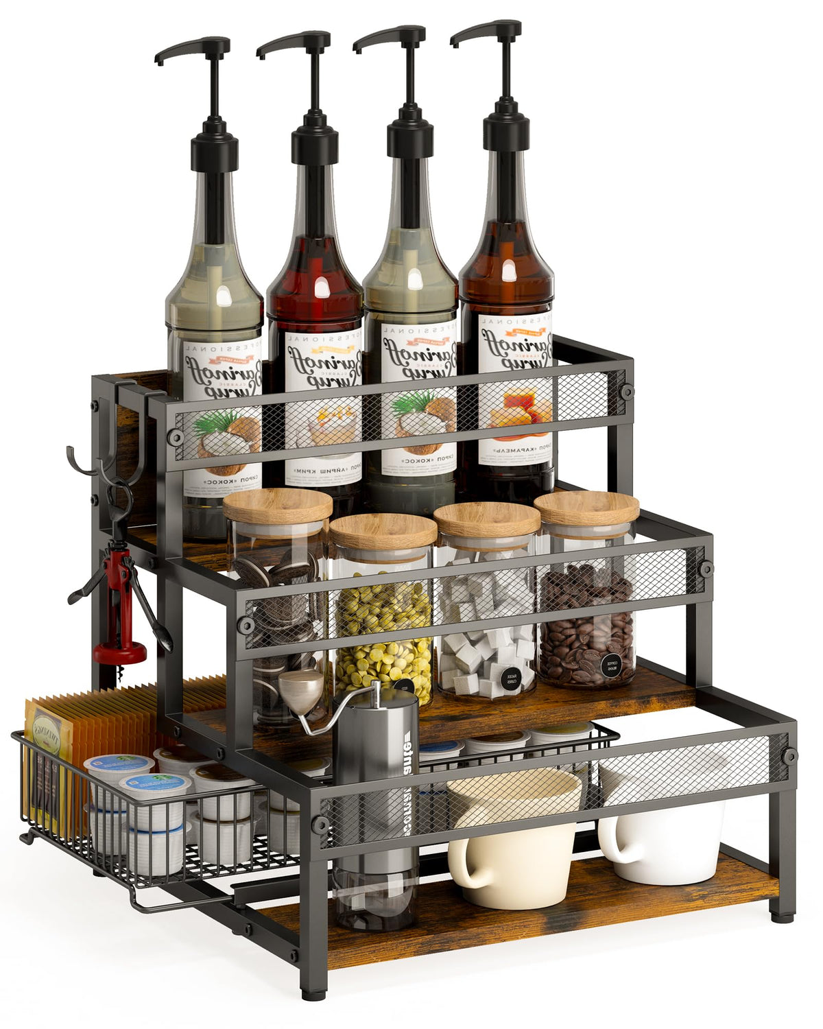 Loteyike 3-tier syrup rack front view neatly displays bottles for quick beverage prep