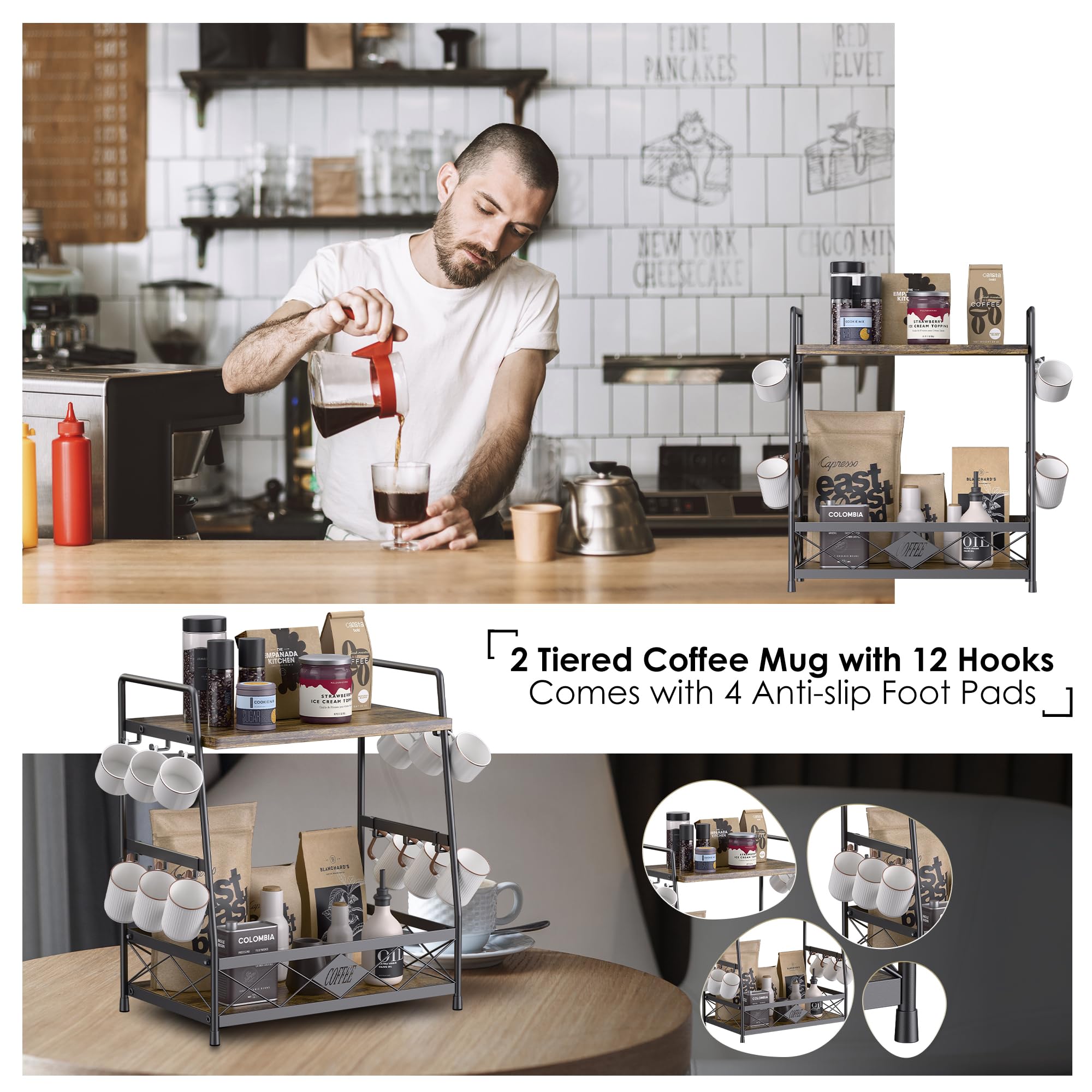 LOTEYIKE coffee mug organizer with 12 hooks saves counter space and neatness.