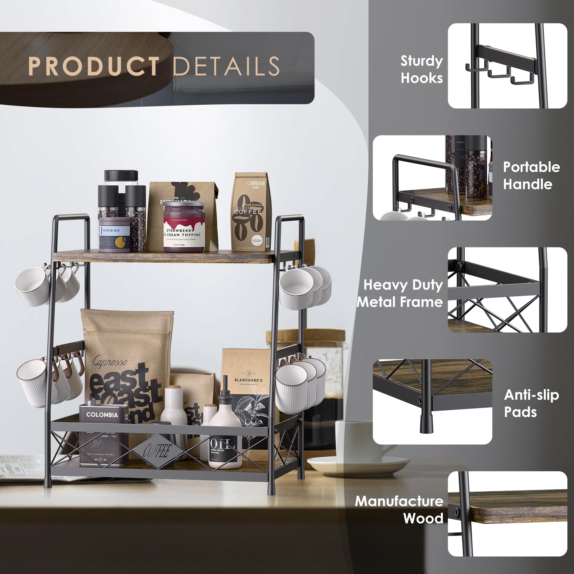 LOTEYIKE metal mug shelf for coffee bar holds mugs and accessories securely.