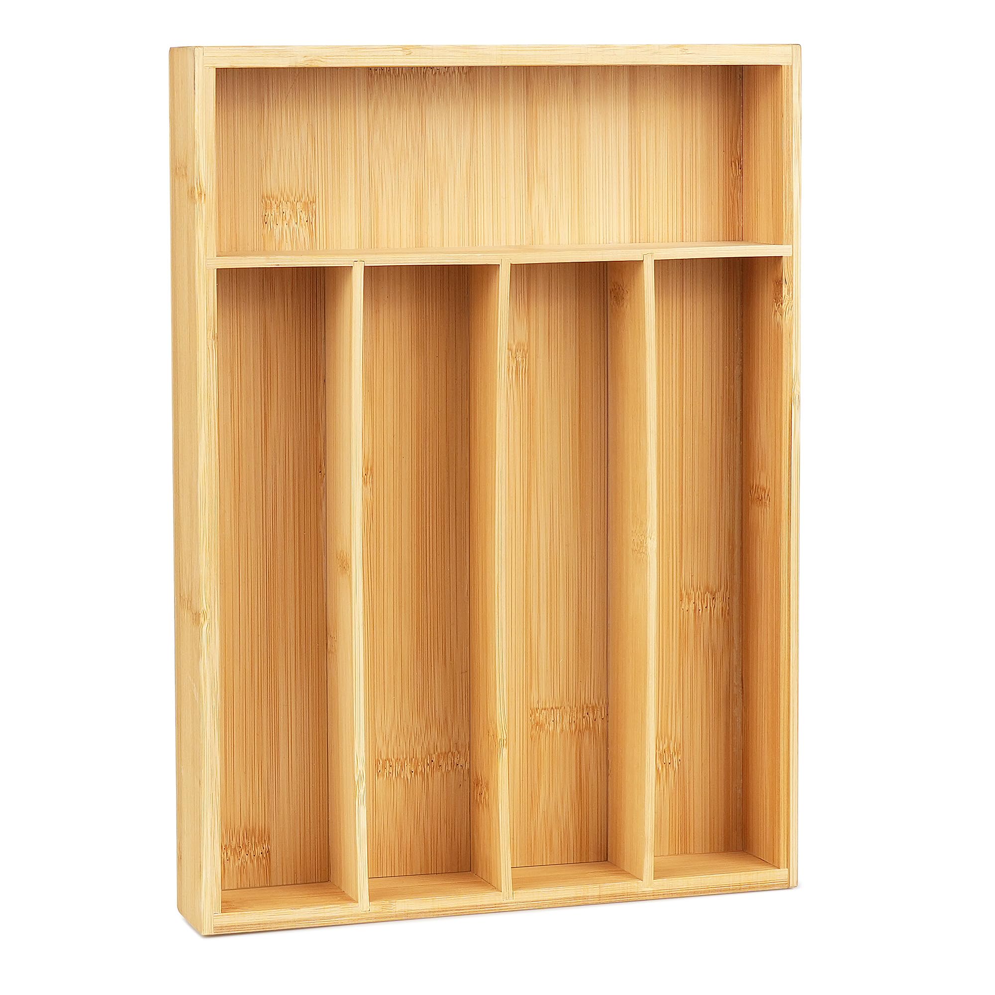 LotFancy bamboo drawer organizer with five compartments for tidy utensils.