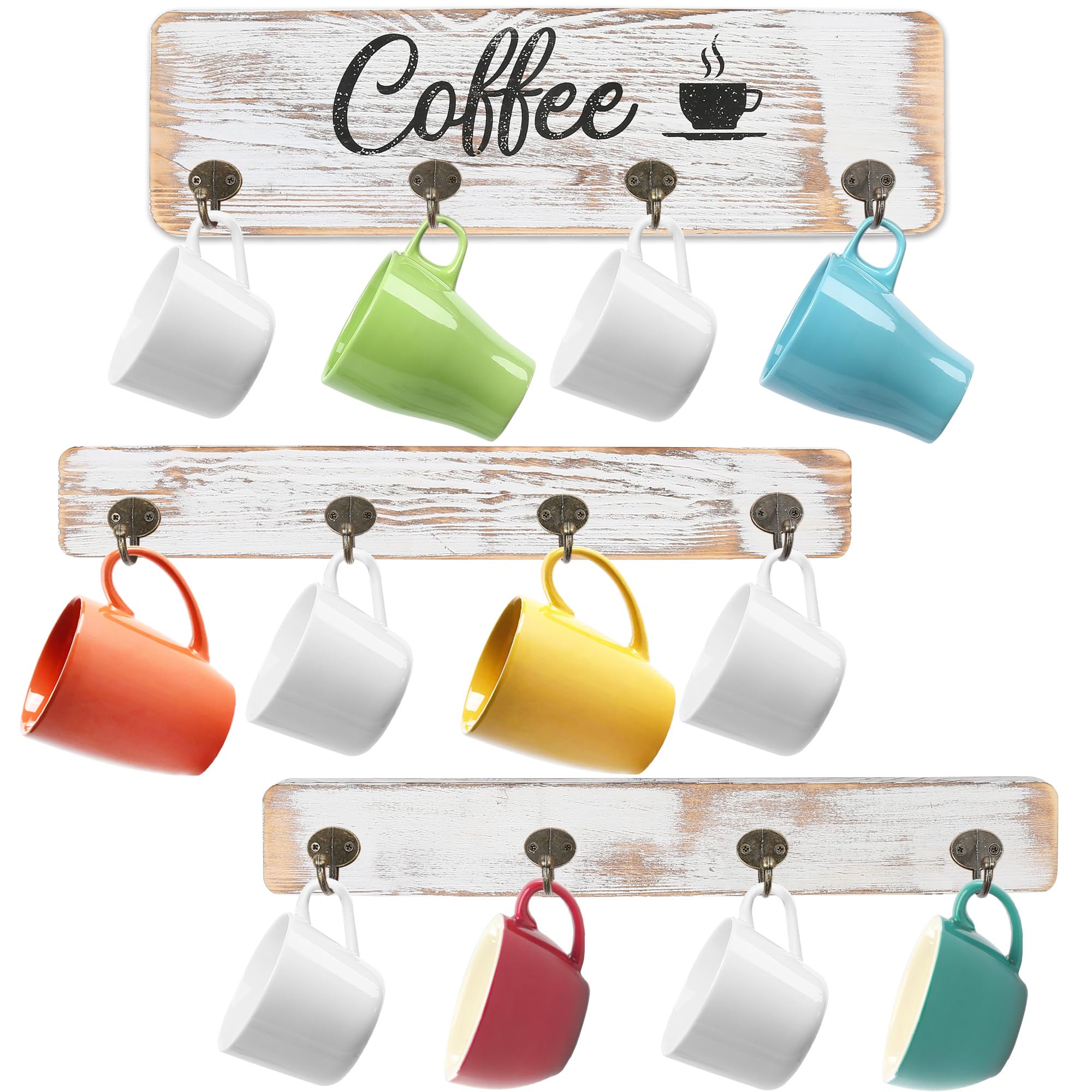 LotFancy coffee mug holder on wall with 12 bronze hooks, ideal for organized kitchen display.