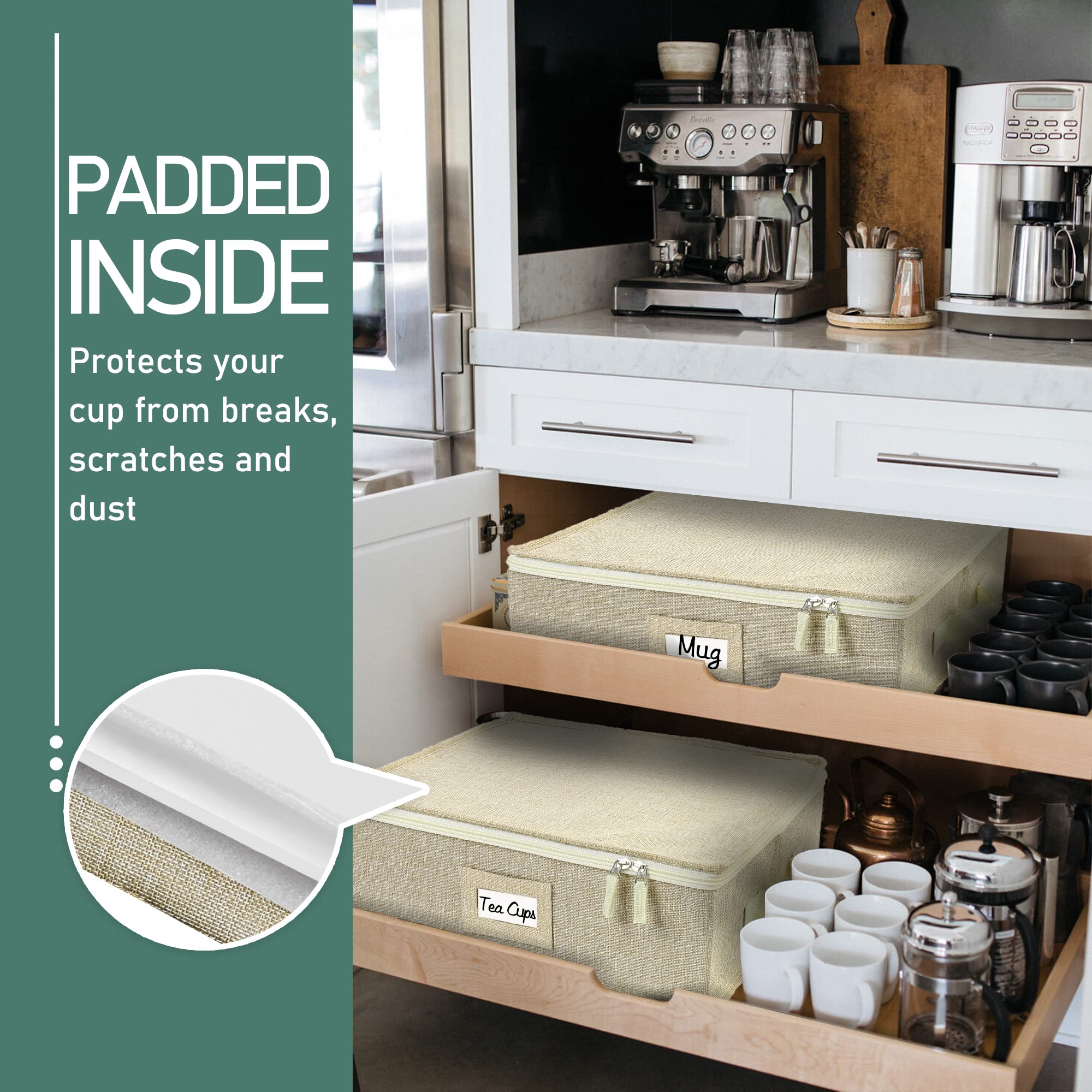 LotFancy cup storage box beige color complements home cabinets and shelves.