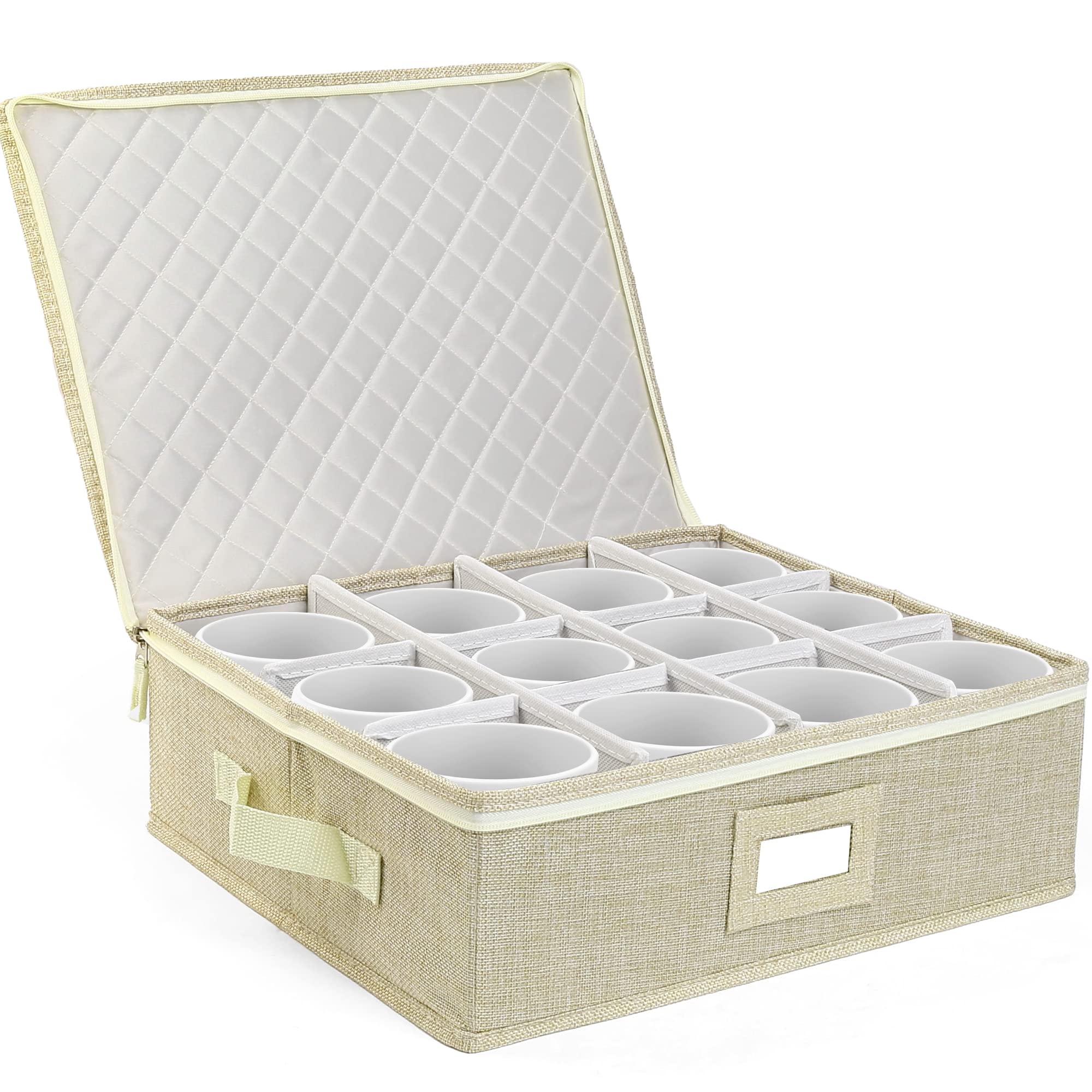 LotFancy cup storage box front view with a sturdy hard shell protecting mugs.