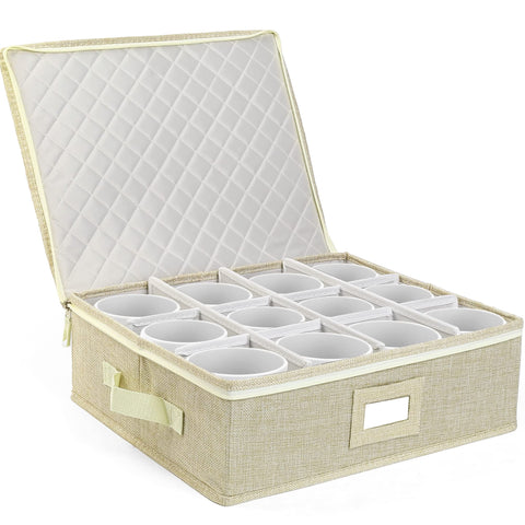 LotFancy cup storage box front view with a sturdy hard shell protecting mugs.
