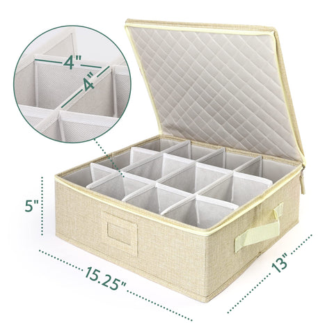 LotFancy cup storage box with 12 padded compartments keeps mugs safe.