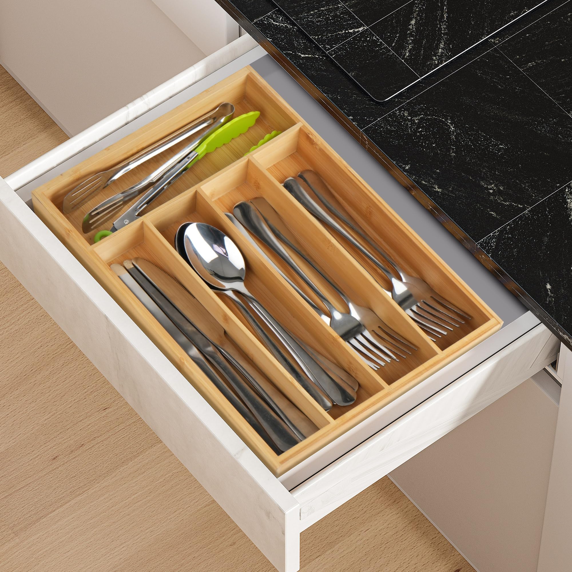 LotFancy five-compartment tray keeps forks, spoons, and knives neatly organized.