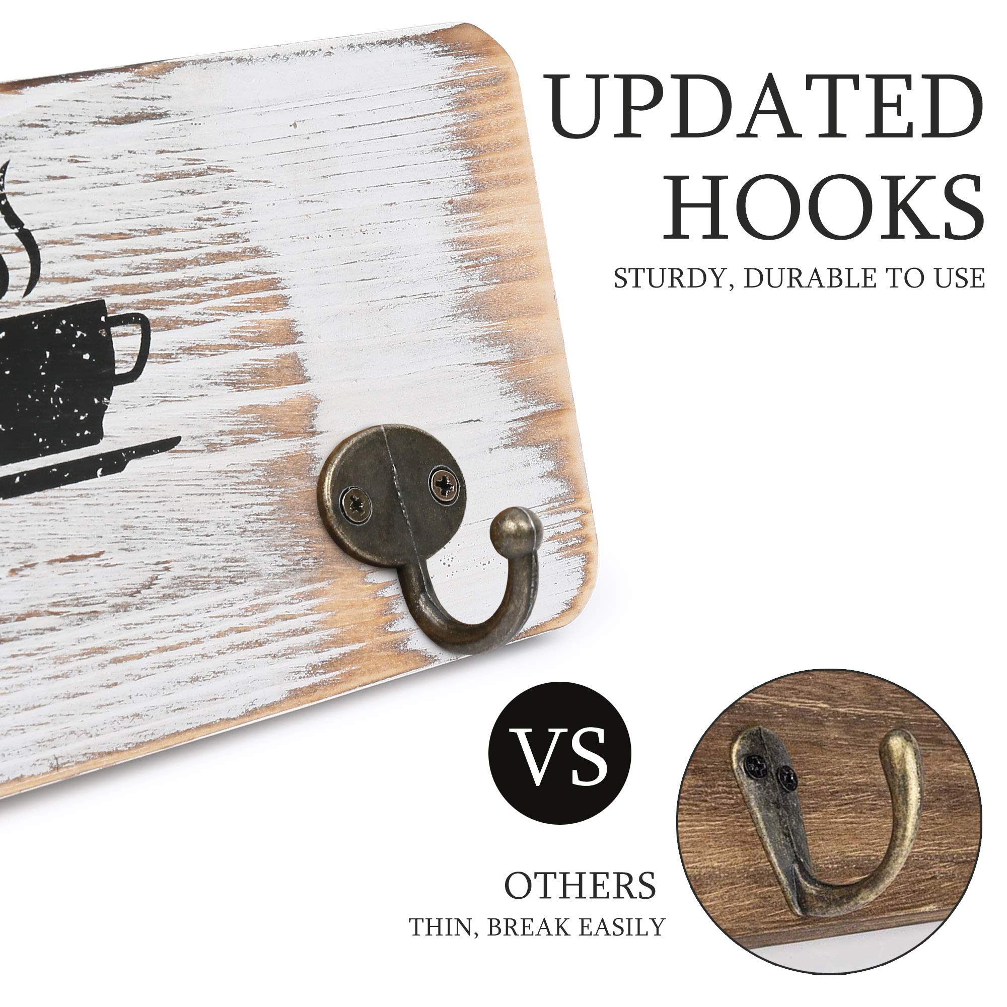 LotFancy rustic wood mug rack with bronze hooks for easy mug access and farmhouse style.