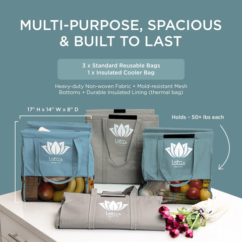 Lotus Earth Tone bags are machine-washable with mesh-bottom for easy cleaning.