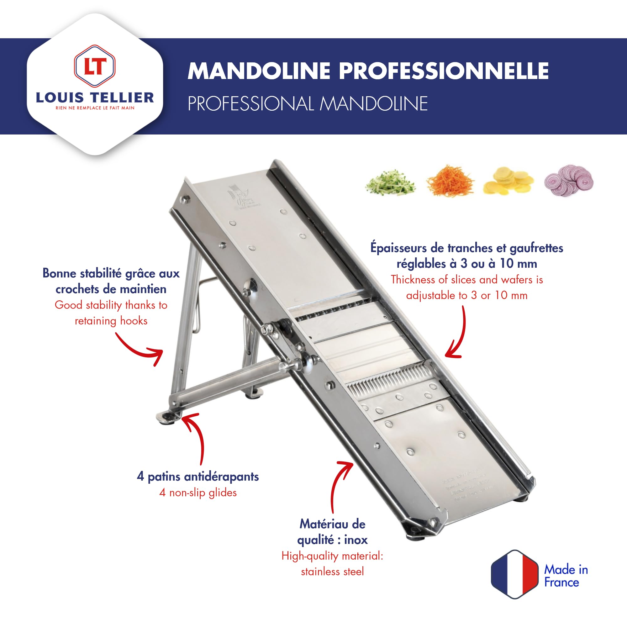 Louis Tellier Bron Coucke mandoline with safety guard demonstrates secure operation during prep