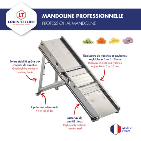 Louis Tellier Bron Coucke mandoline with safety guard demonstrates secure operation during prep