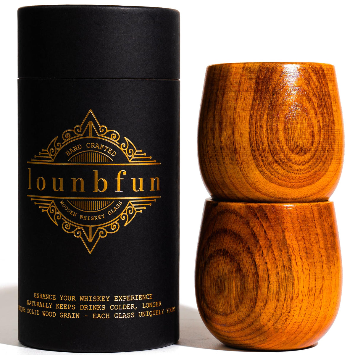 Lounbfun wooden bourbon glasses set of 2 in oak with refined sipping experience.
