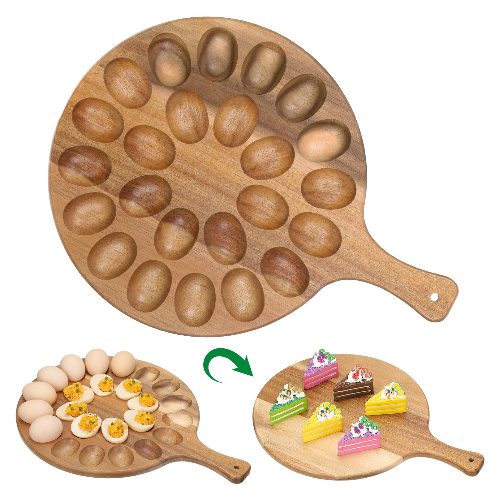 Lounsweer reversible wood deviled-egg platter with 24 holes for organized serving.