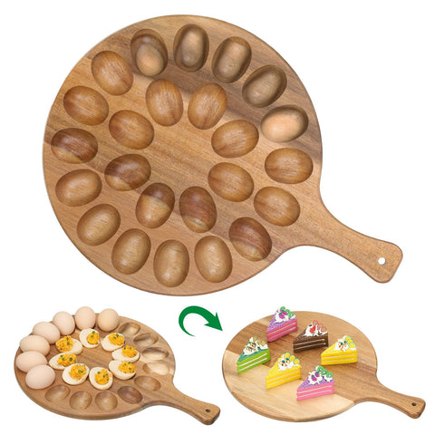 Lounsweer reversible wood deviled-egg platter with 24 holes for organized serving.