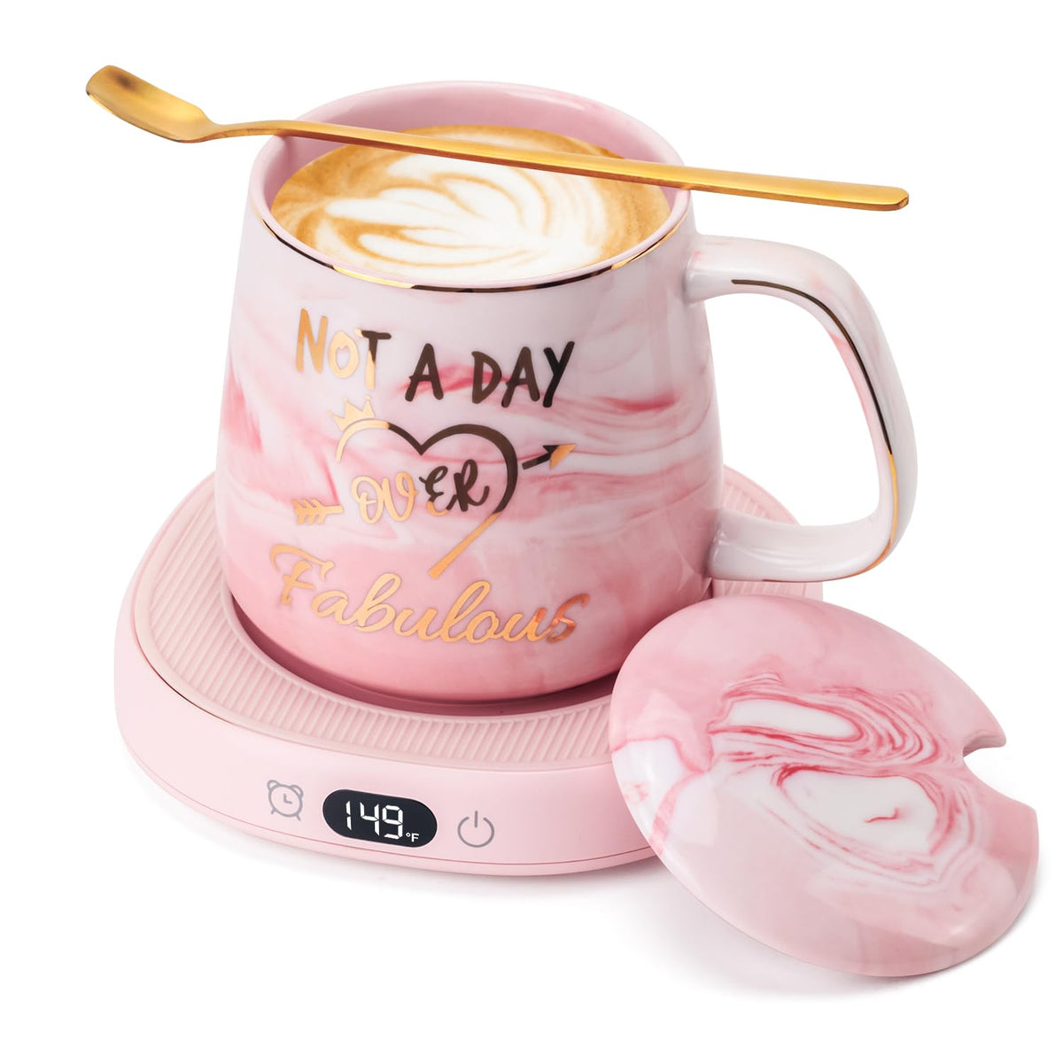 LOUTYTUO coffee mug warmer on a desk with four temperature settings for steady warmth