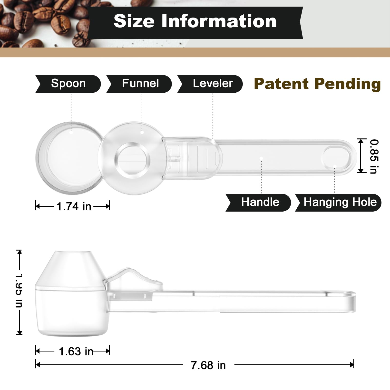 Lov Sprout coffee scoop includes a hanging hole for easy, compact storage