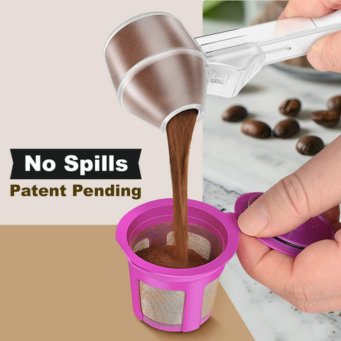 Lov Sprout coffee scoop pours grounds neatly into K-Cups for quick prep