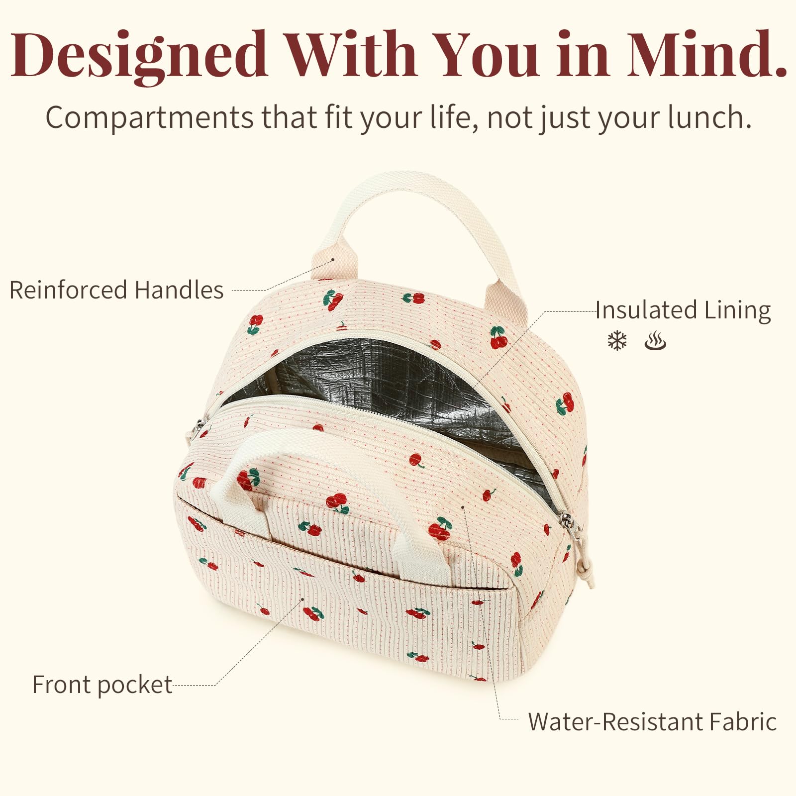LOVELYWIND insulated cherry lunch bag aluminum lining inside preserves temperature for hours