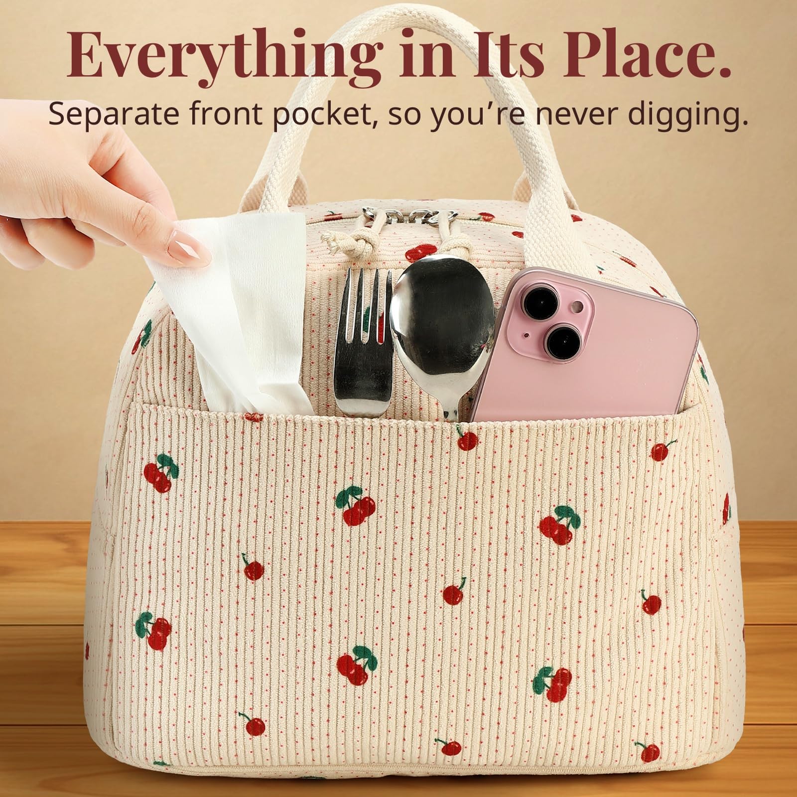 LOVELYWIND insulated cherry lunch bag interior dimensions indicate versatile capacity
