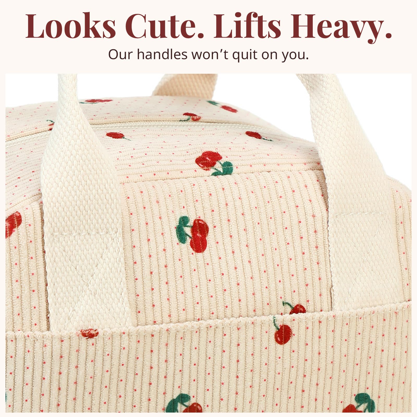 LOVELYWIND insulated cherry lunch bag front pocket provides quick access