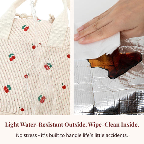 LOVELYWIND insulated cherry lunch bag with lunchbox inside demonstrates full setup practicality
