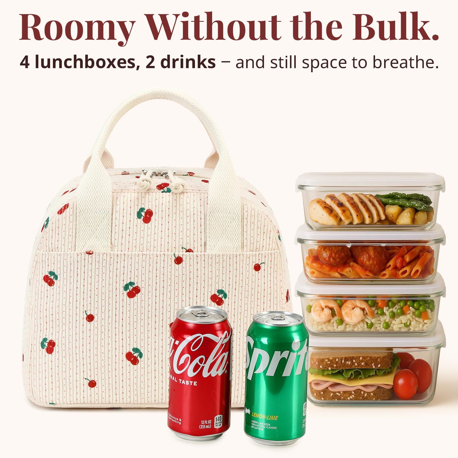 LOVELYWIND insulated cherry lunch bag side view highlights roomy interior for snacks