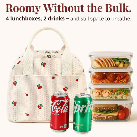 LOVELYWIND insulated cherry lunch bag side view highlights roomy interior for snacks