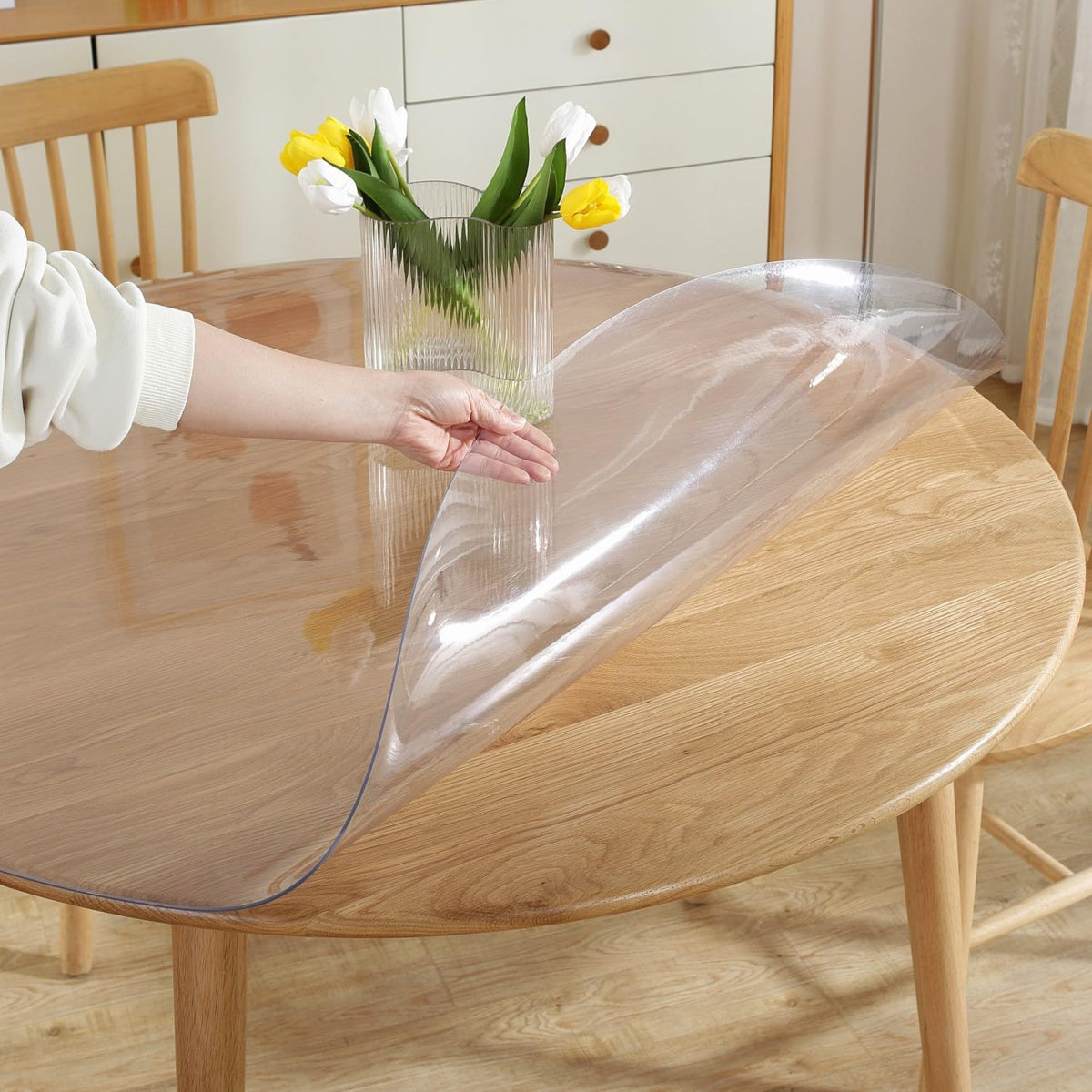 LovePads round clear table cover top view showing surface protection