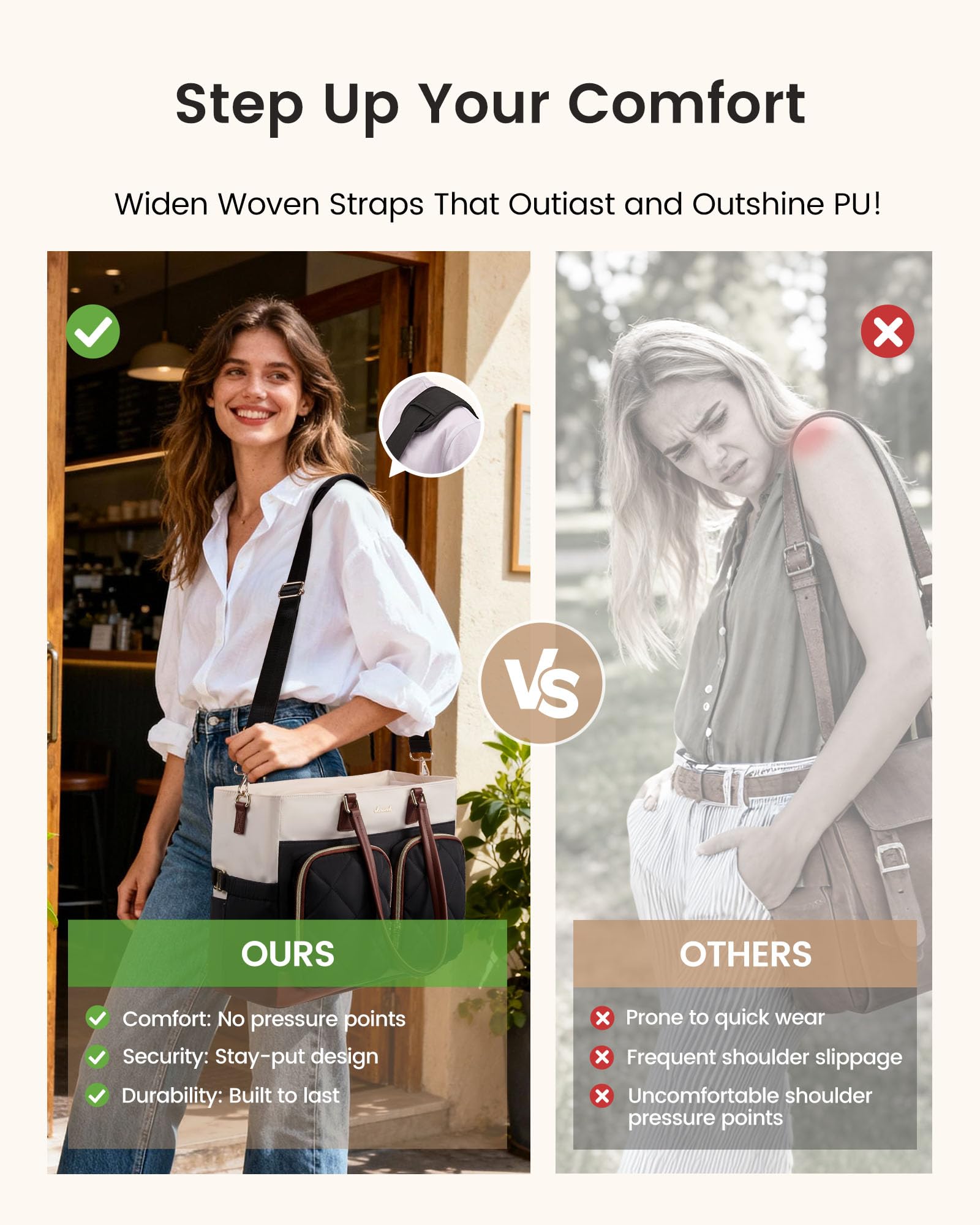 LOVEVOOK ergonomic wide strap provides comfortable all-day carry.