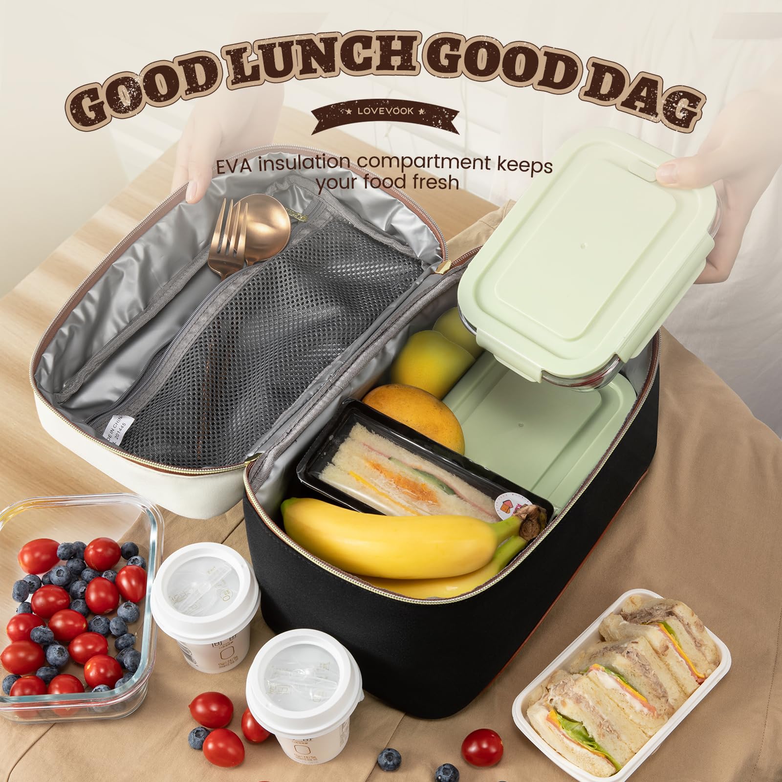LOVEVOOK insulated lunch bag large capacity, holds three lunches and snacks for busy days.