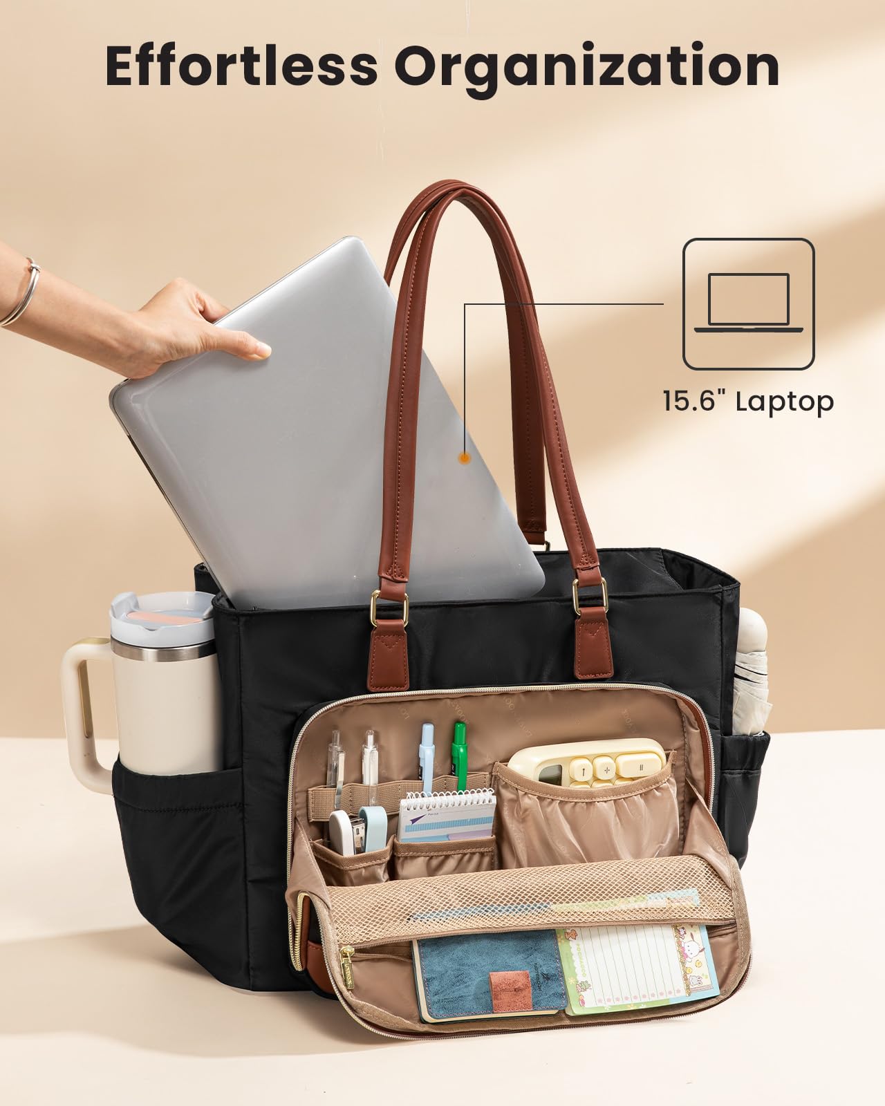LOVEVOOK tote side pocket keeps a tumbler within easy reach