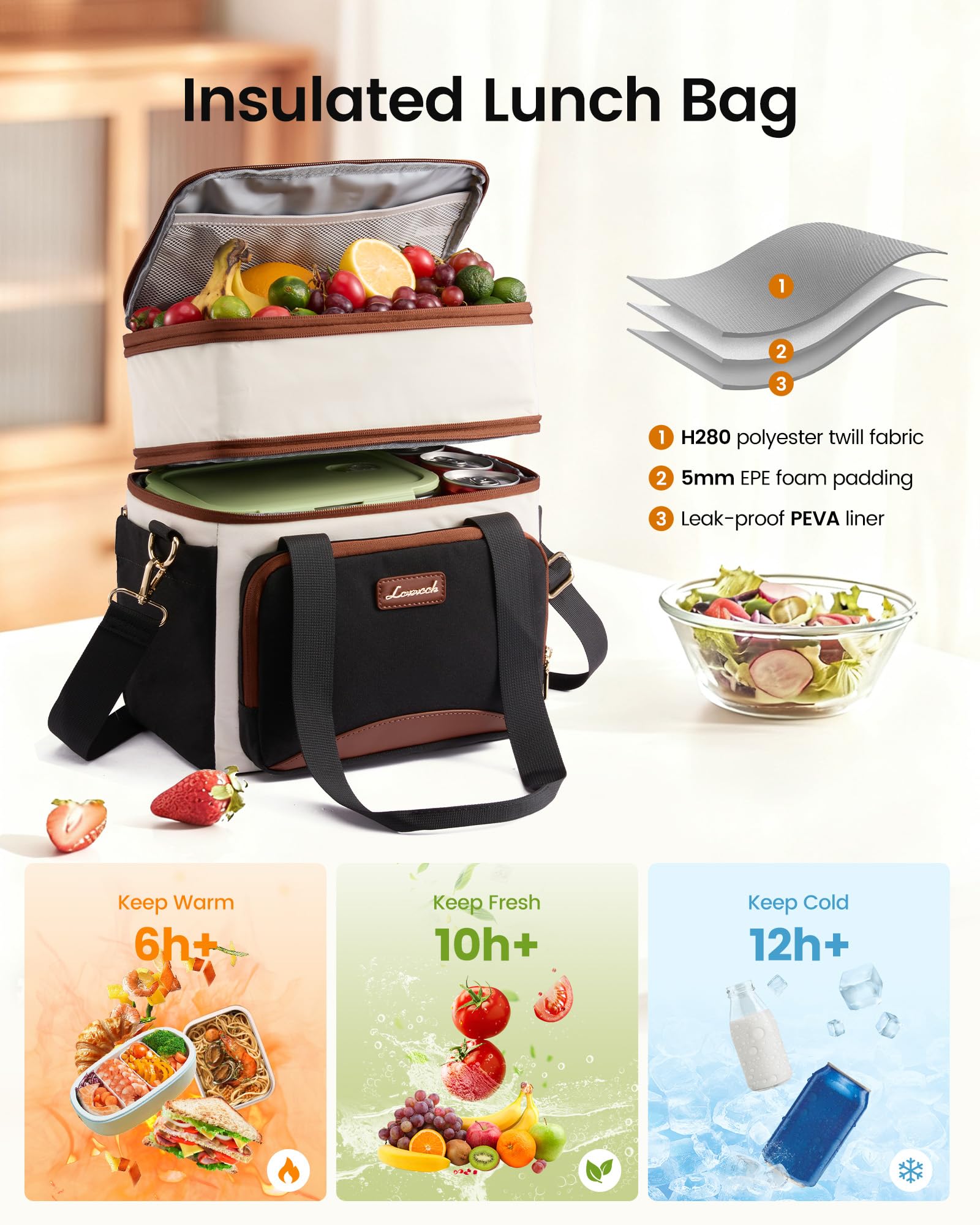 LOVEVOOK insulated liner and interior prevent leaks while keeping contents tidy.