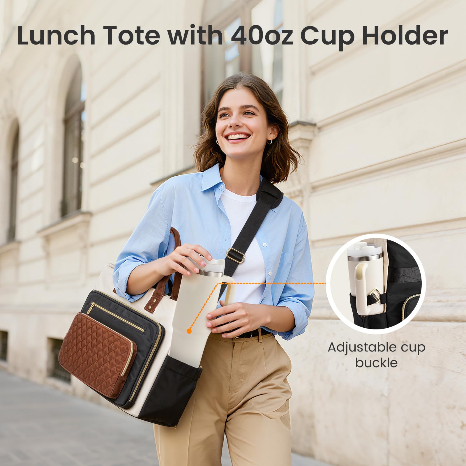 LOVEVOOK lunch bag cup holder with large 40 oz bottle for daily use.