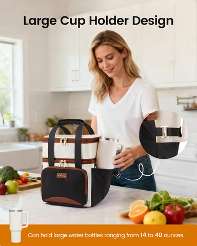 LOVEVOOK lunch bag shows large cup holder for big bottles on the go.