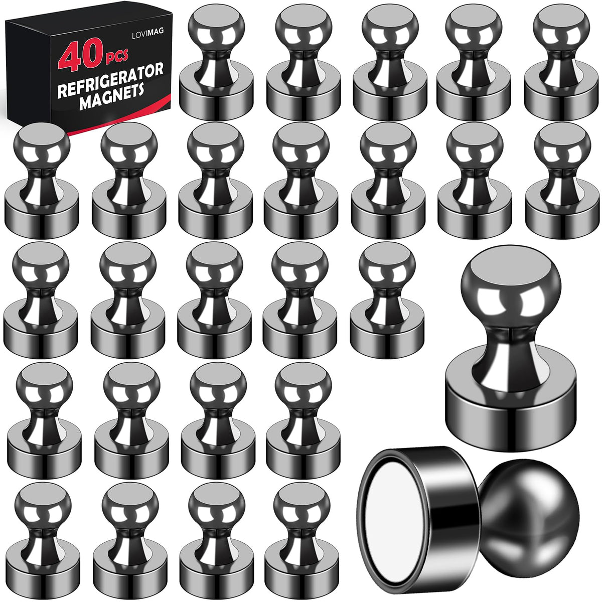 LOVIMAG compact black fridge magnets securely hold notes on a fridge.