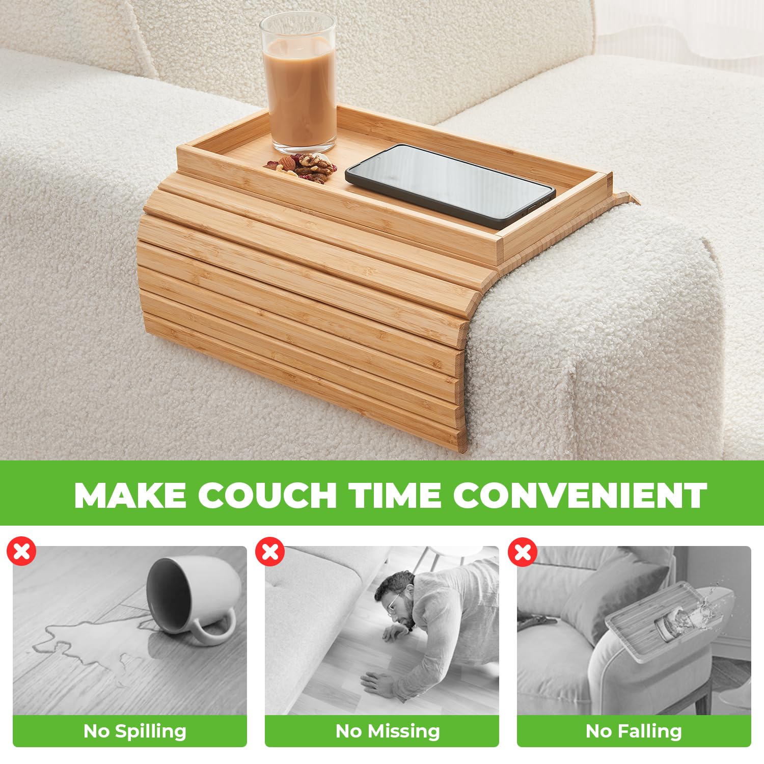 LOVYANXUE arm tray anti-fall design keeps items secure on wide sofa arms.