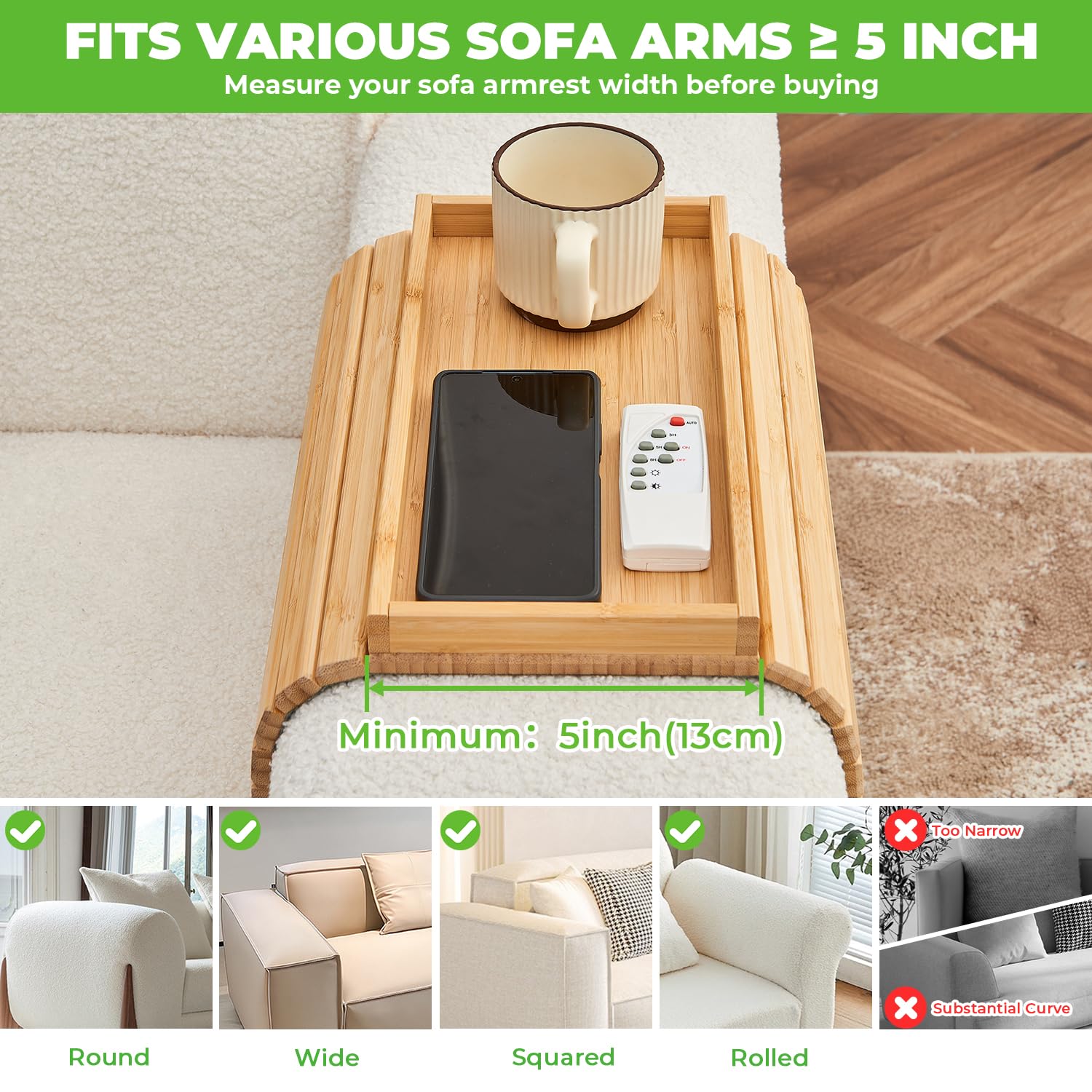 LOVYANXUE bamboo tray on sofa displaying remote, phone, and treats.