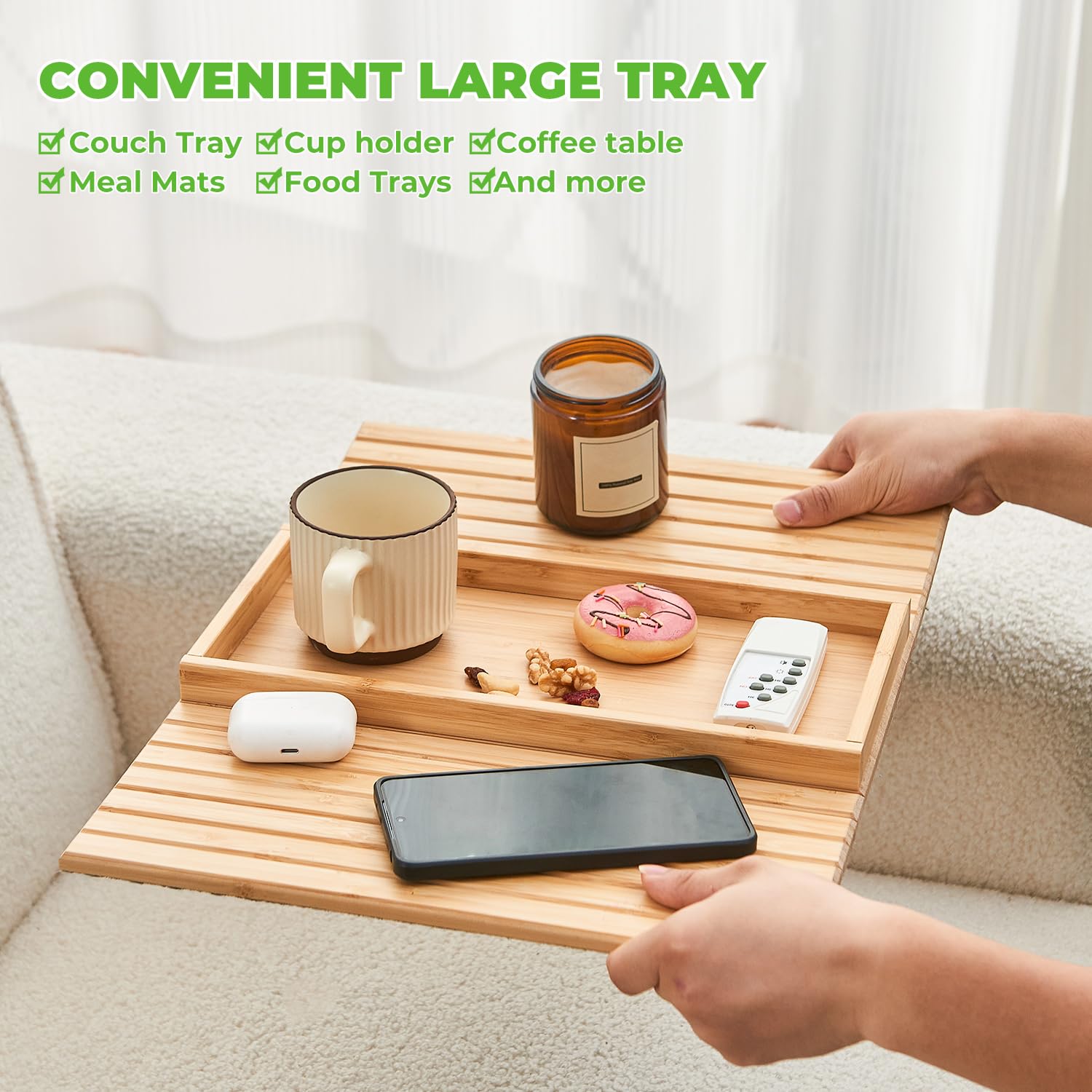 LOVYANXUE foldable armrest table deployed for laptop or snack service.