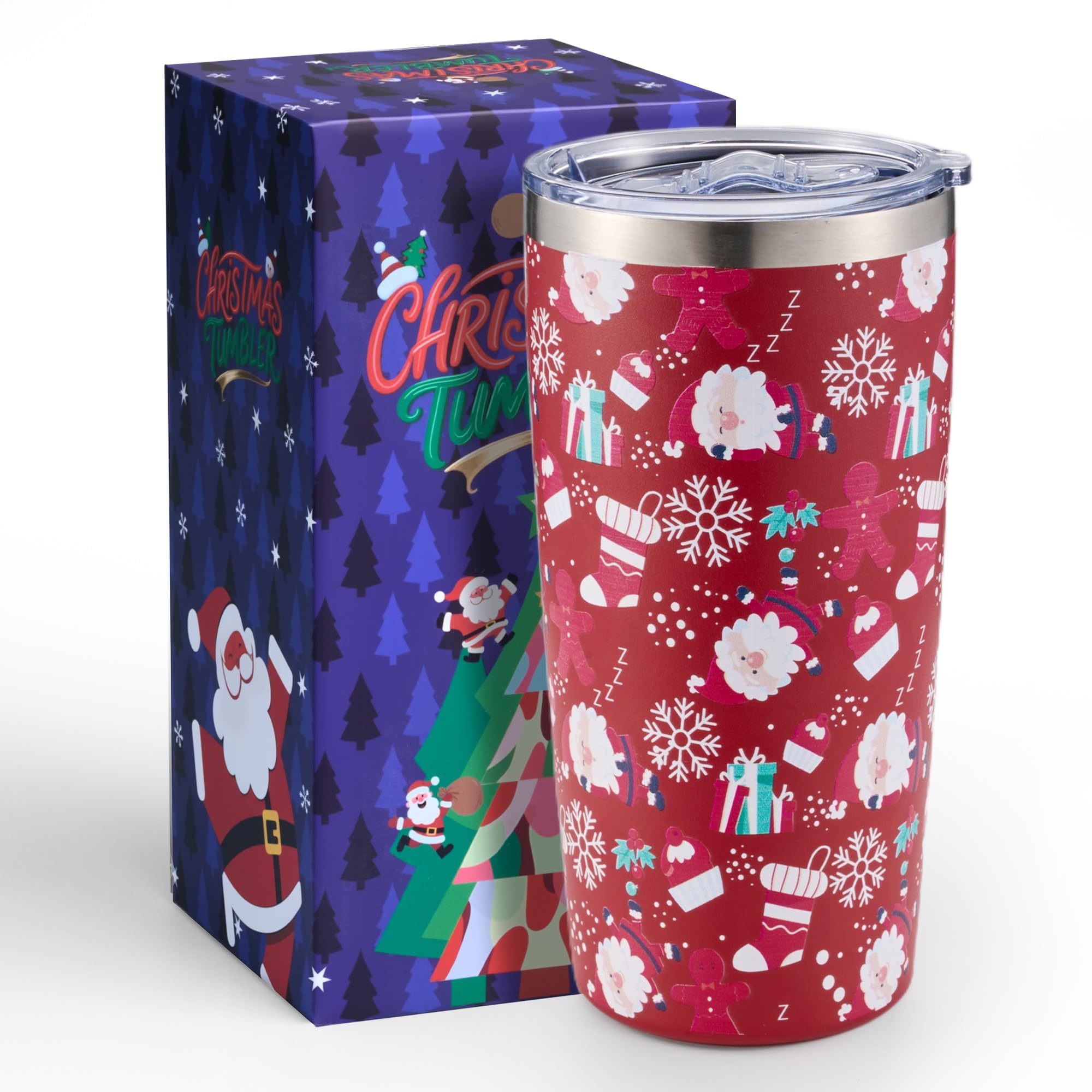 Lovydro 20oz Christmas tumbler with lid showing Santa design for festive hot beverages on the go