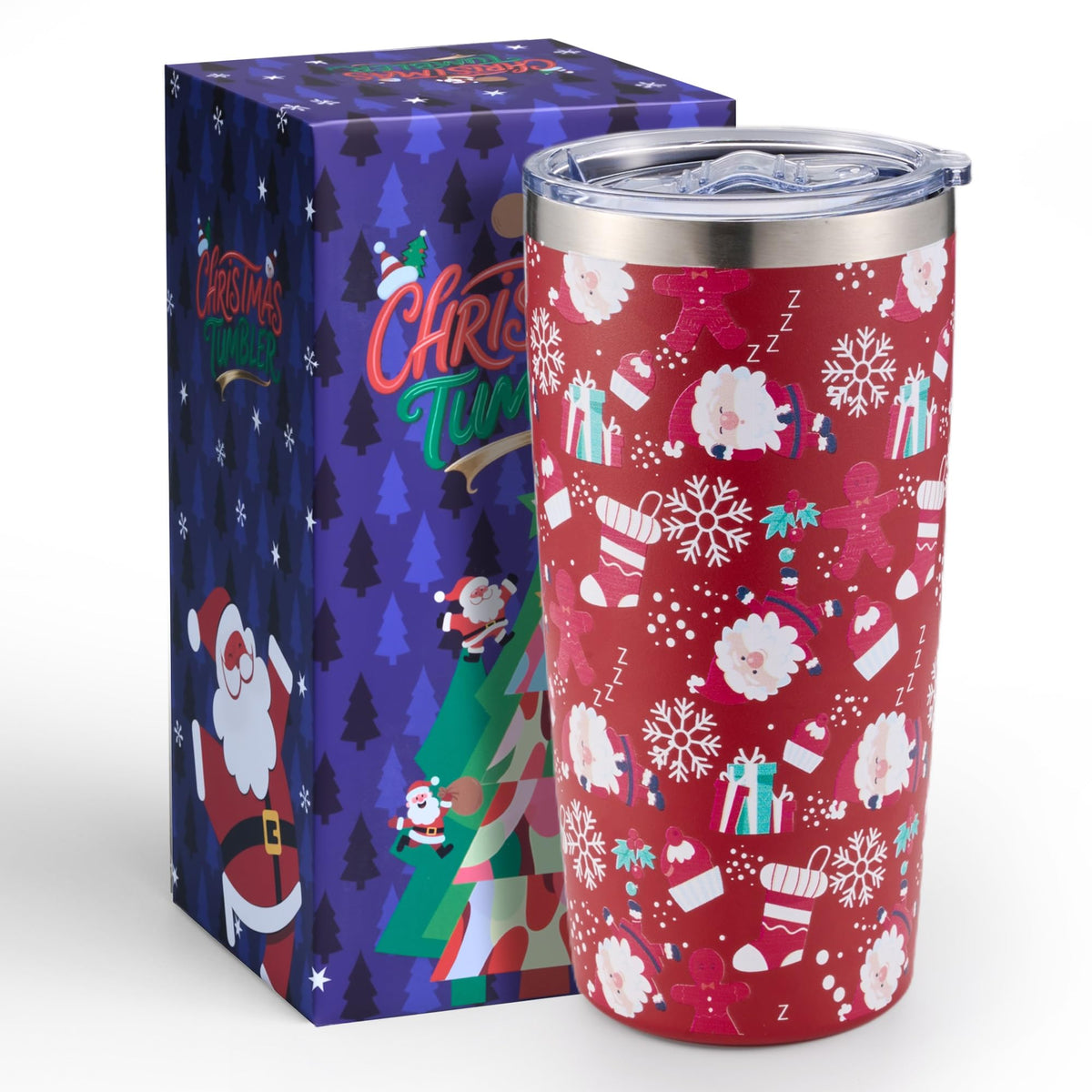 Lovydro 20oz Christmas tumbler with lid showing Santa design for festive hot beverages on the go
