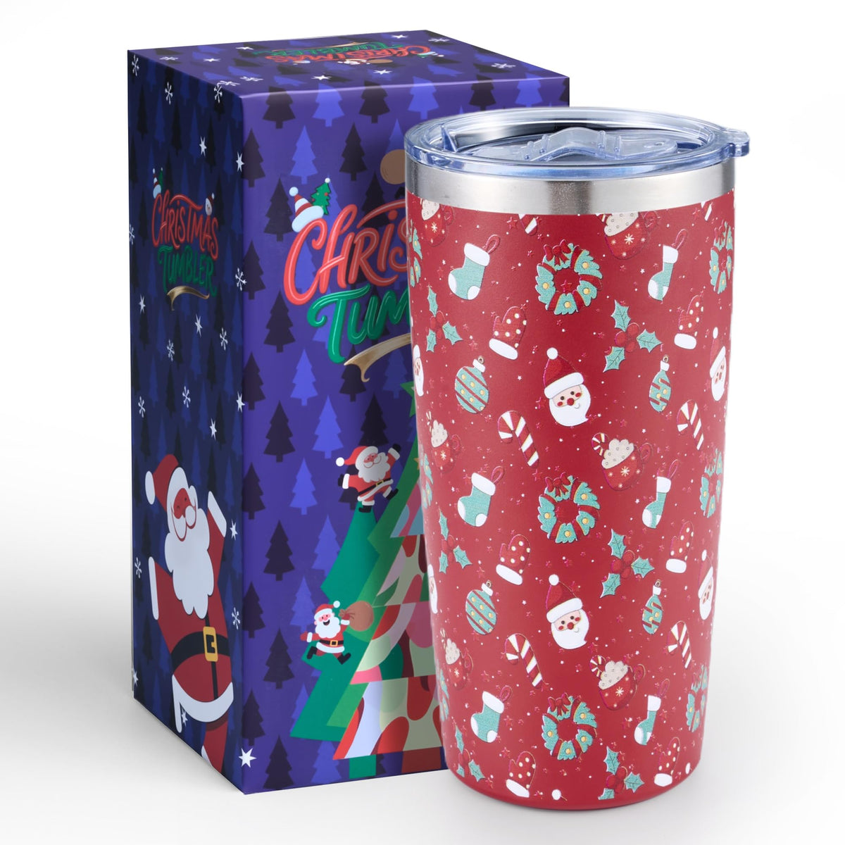 Lovydro 20oz Christmas tumbler with festive design keeps drinks hot or cold on winter days.