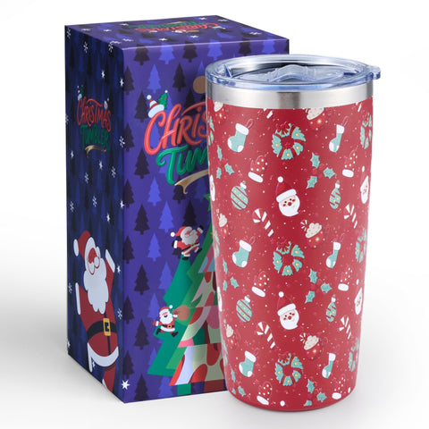 Lovydro 20oz Christmas tumbler with festive design keeps drinks hot or cold on winter days.