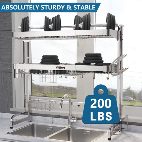 Loyalfire stainless steel rack with anti-slip base stays stable while draining to the sink.